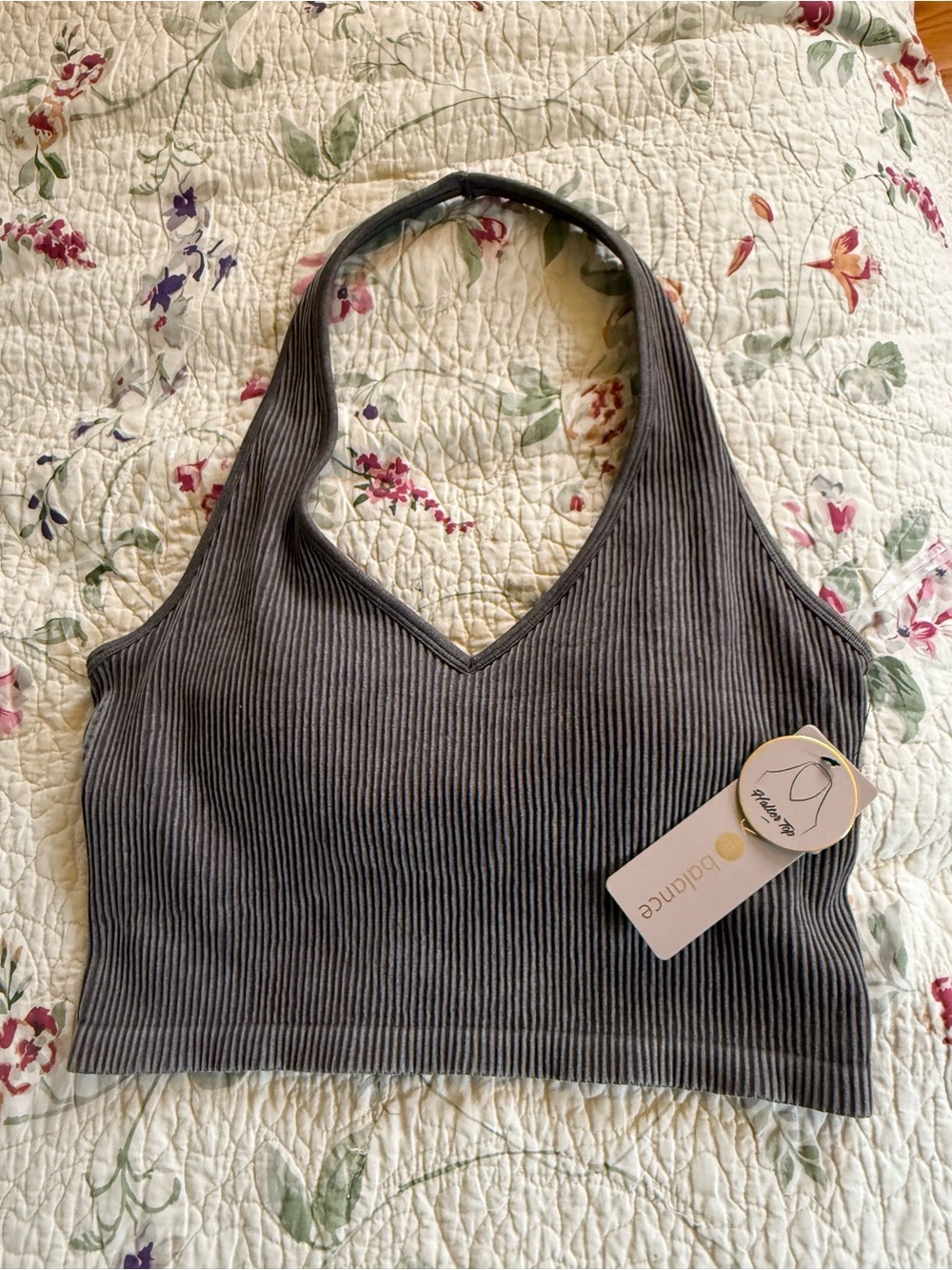 Bodance Charcoal Gray Ribbed Halter Crop Top